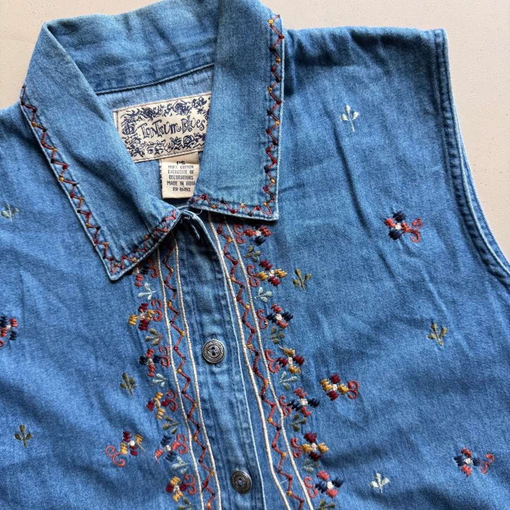 Embroidered Denim Vest Womens‎ PS Blue Floral Boho VTG 90s Festival Cottagecore - Picture 2 of 9